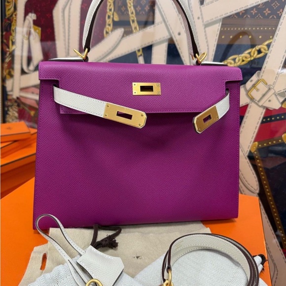 Hermes Kelly 28 Sellier Anemone and Craie Bag GHW - Picture 1 of 16